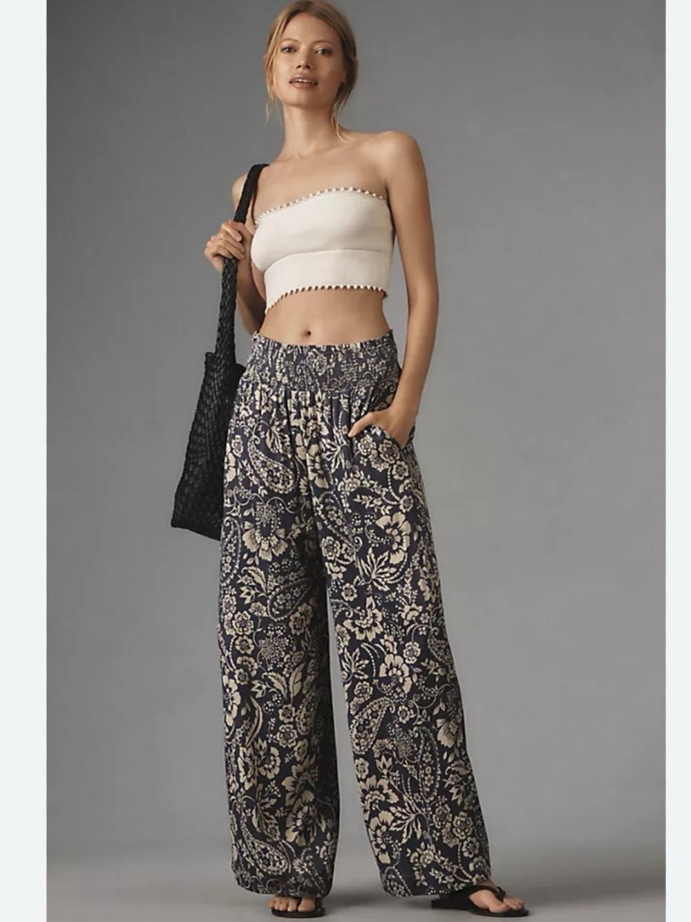 Maeve Navy and White Floral Cropped Pants